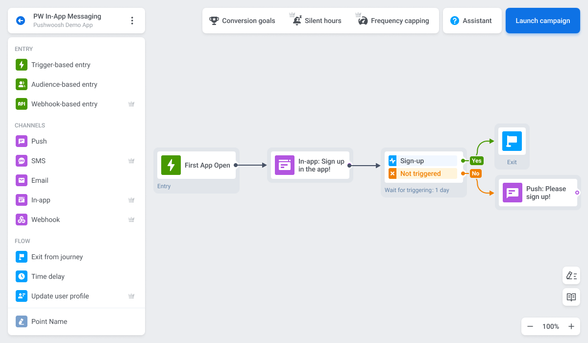 In-app messaging campaign example in Pushwoosh Customer Journey Builder