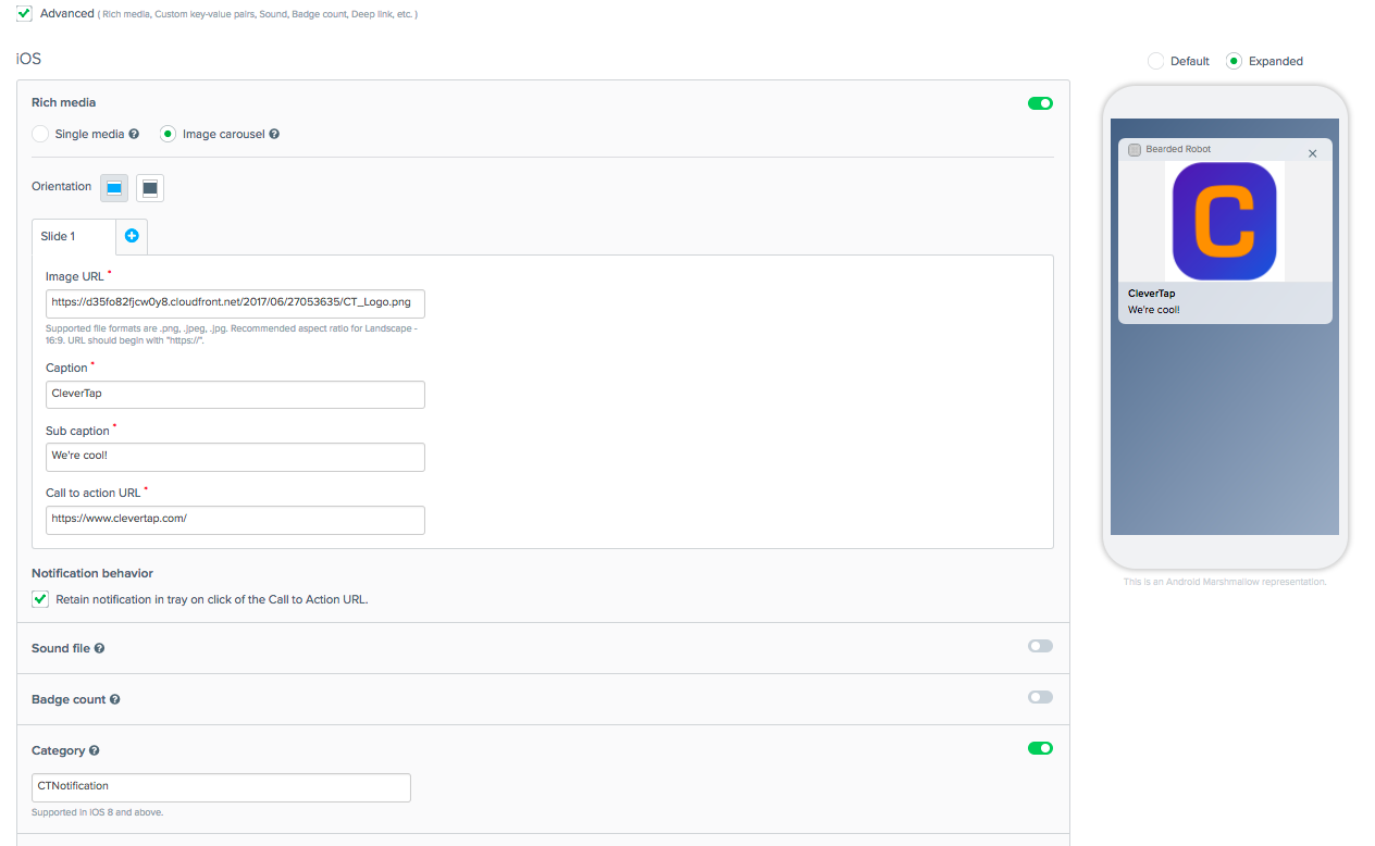 CleverTap iOS mobile push notifications editor