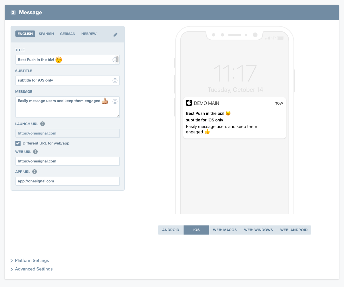 OneSignal mobile push notifications editor