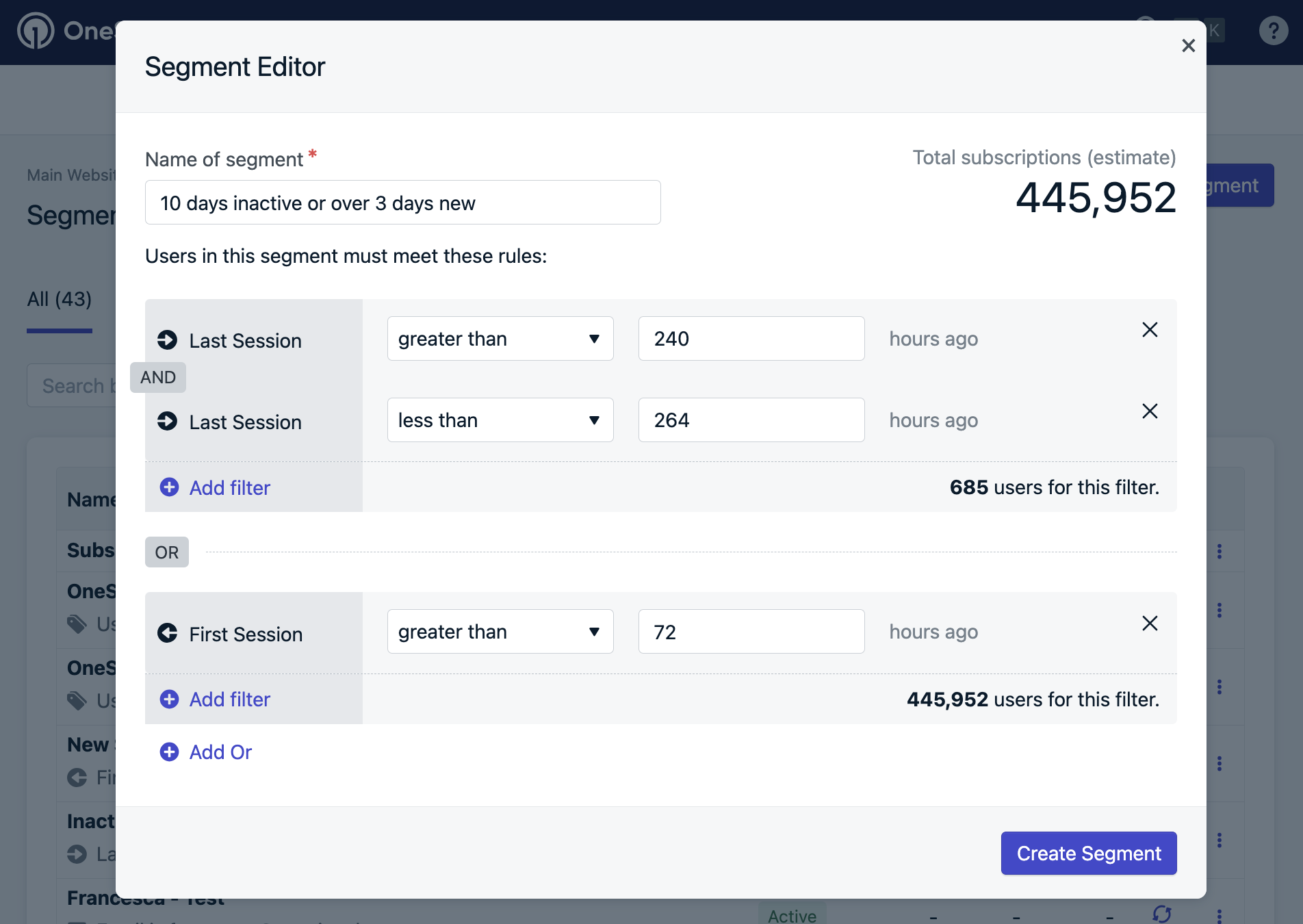 Segment editor OneSignal