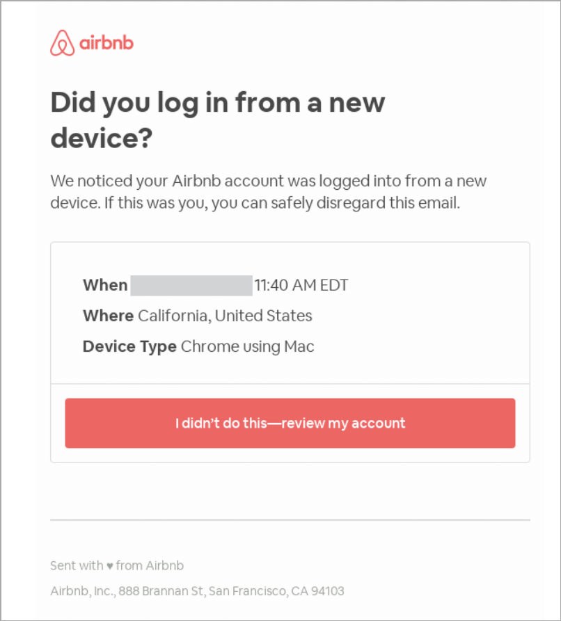            Airbnb security alert email