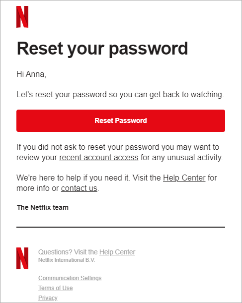 Netflix password reset email