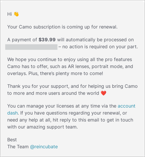        Reincubate subscription renewal email