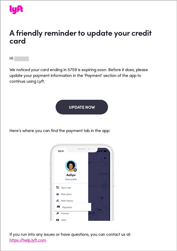 Lyft billing update email