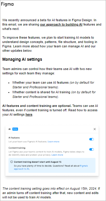   Figma changes to AI terms email