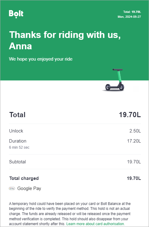 Bolt payment confirmation email