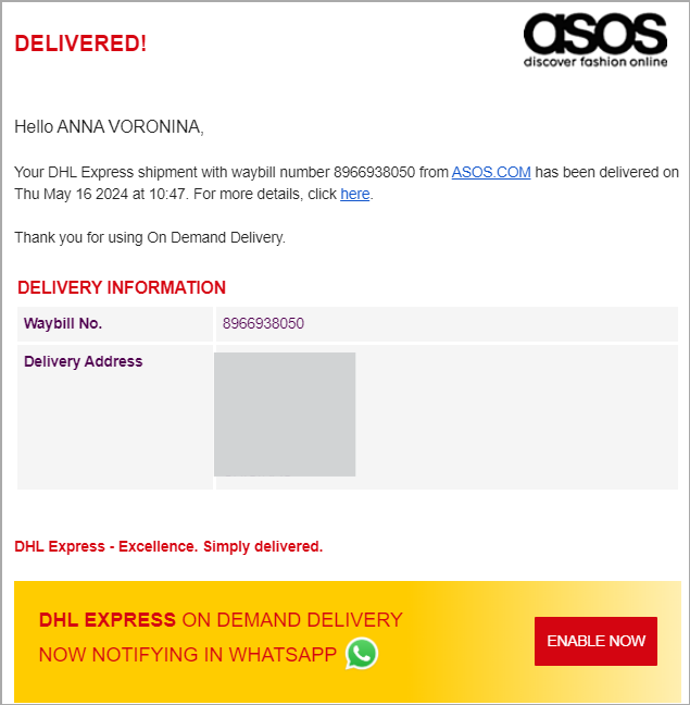          DHL delivery confirmation email