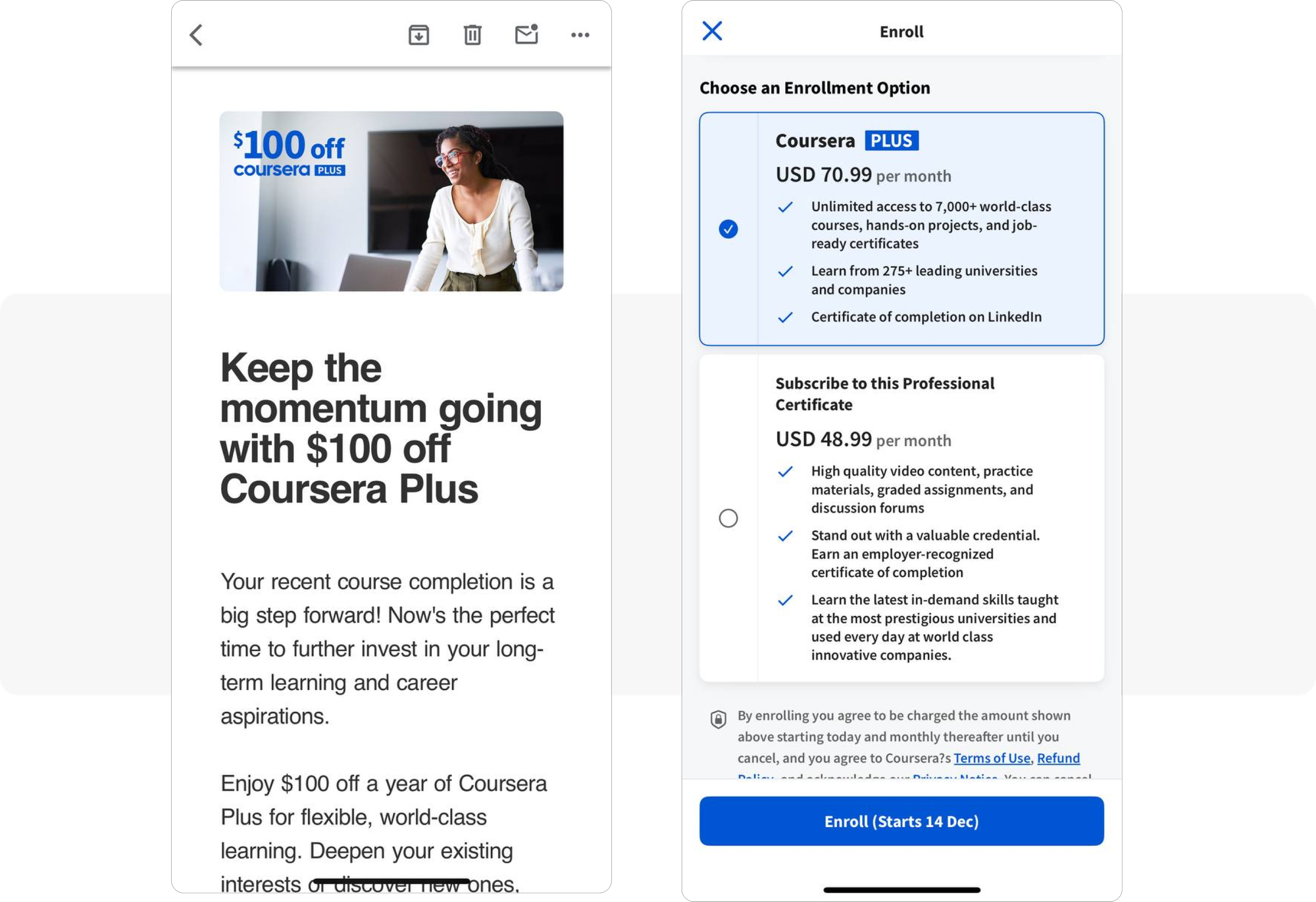 Coursera upselling email example