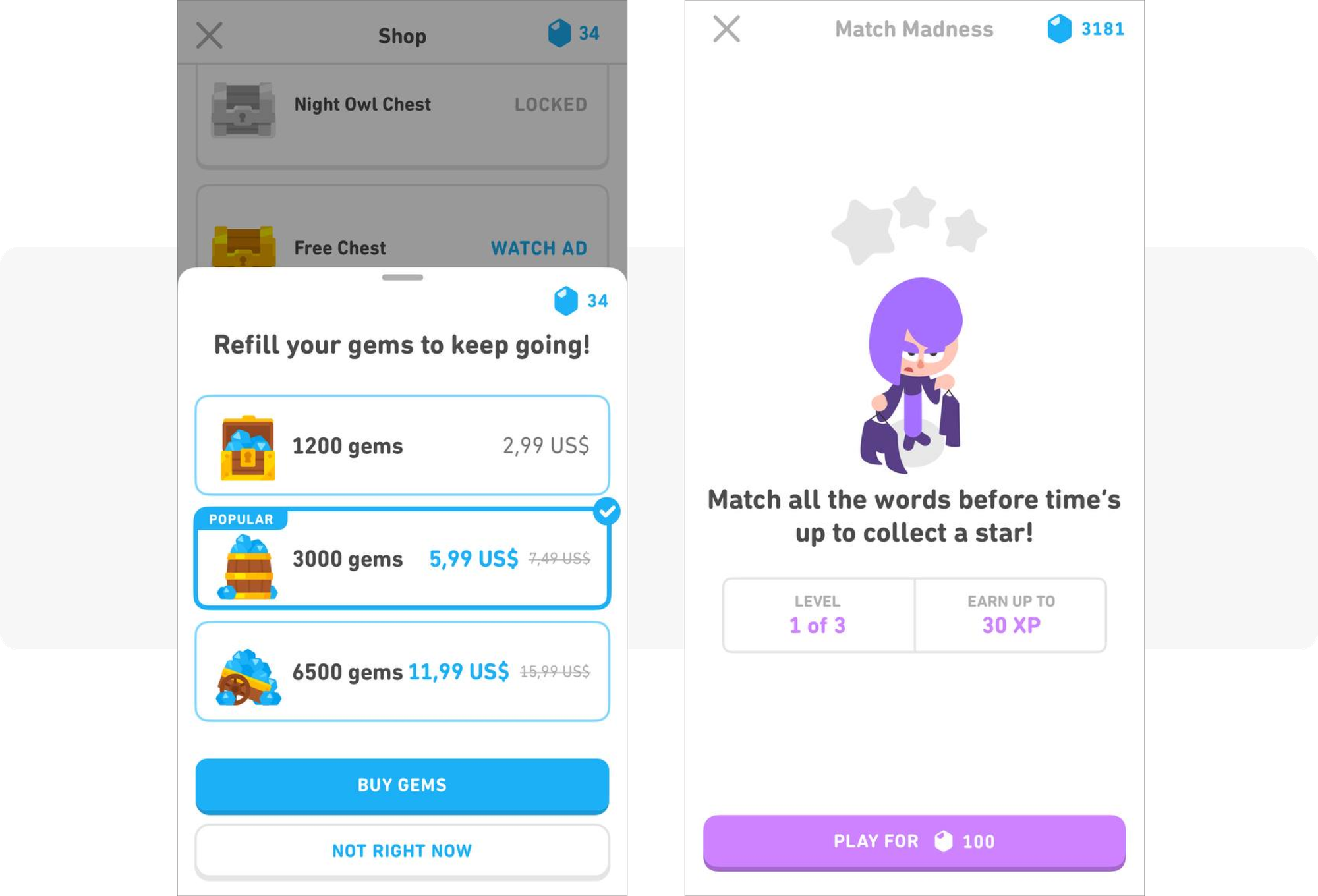 Duolingo purchase of gems example