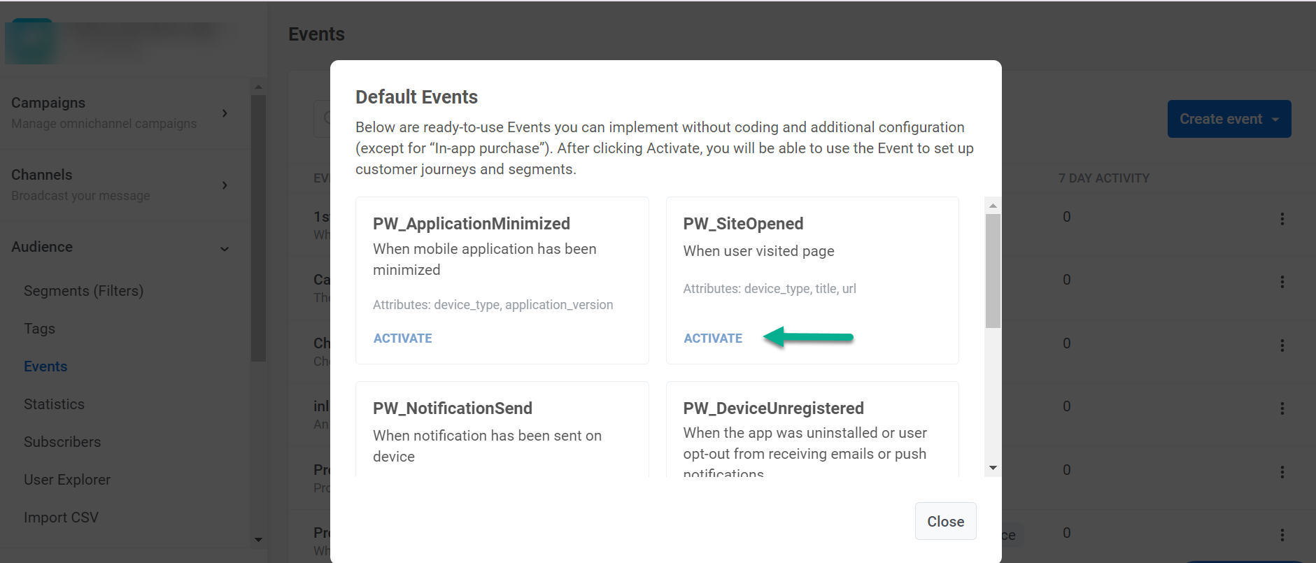 Pushwoosh default events setup 