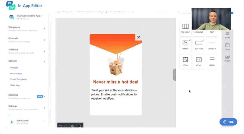 Pushwoosh in-app editor