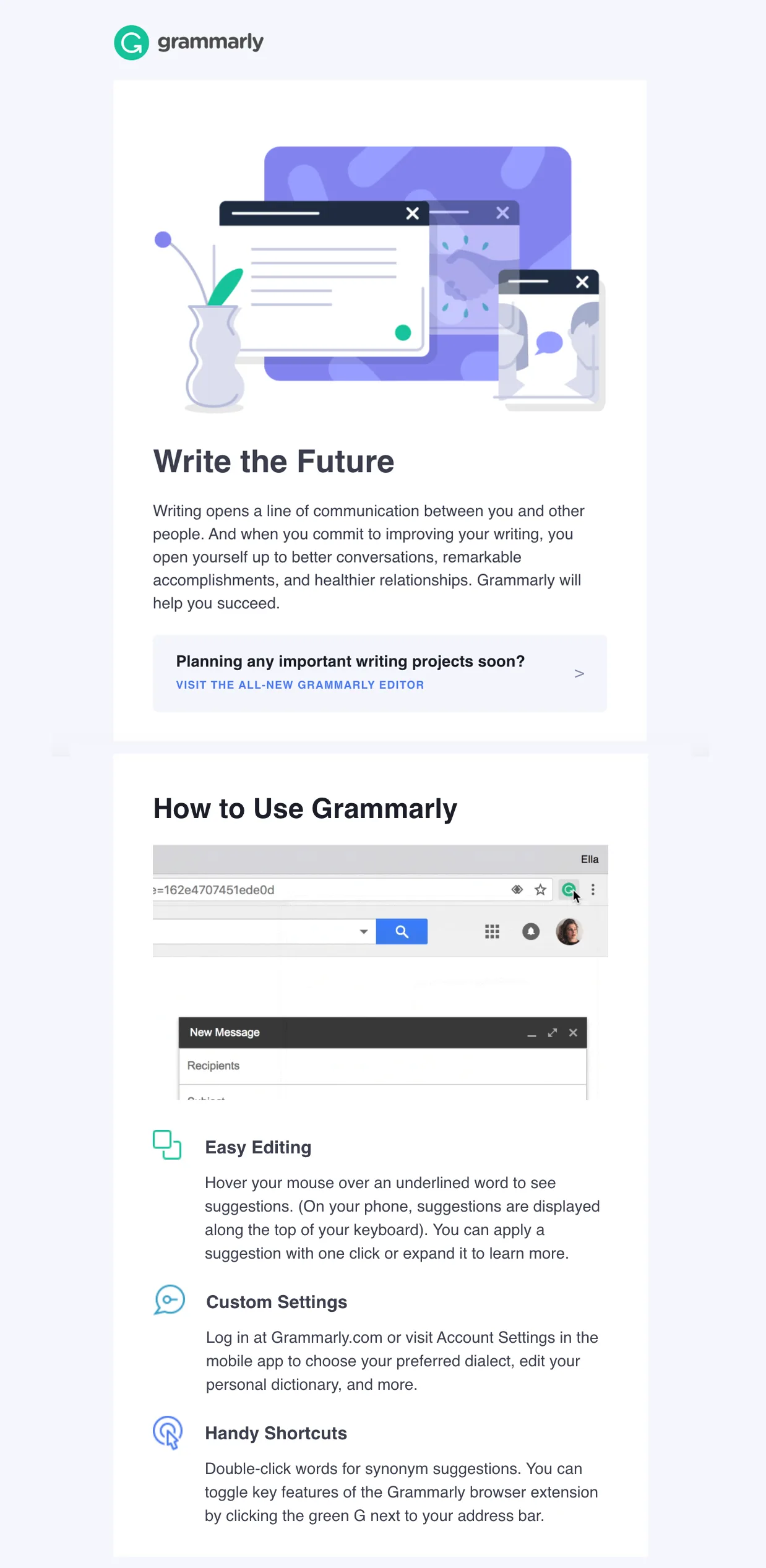 Welcome email - a good example from Grammarly