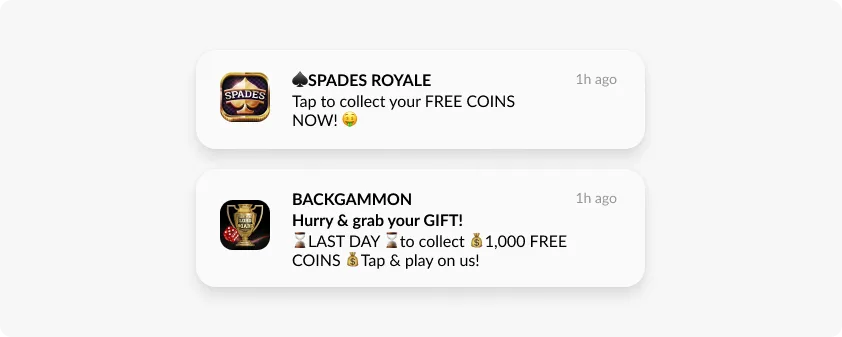 Push notifications from the game apps published by Beach Bum