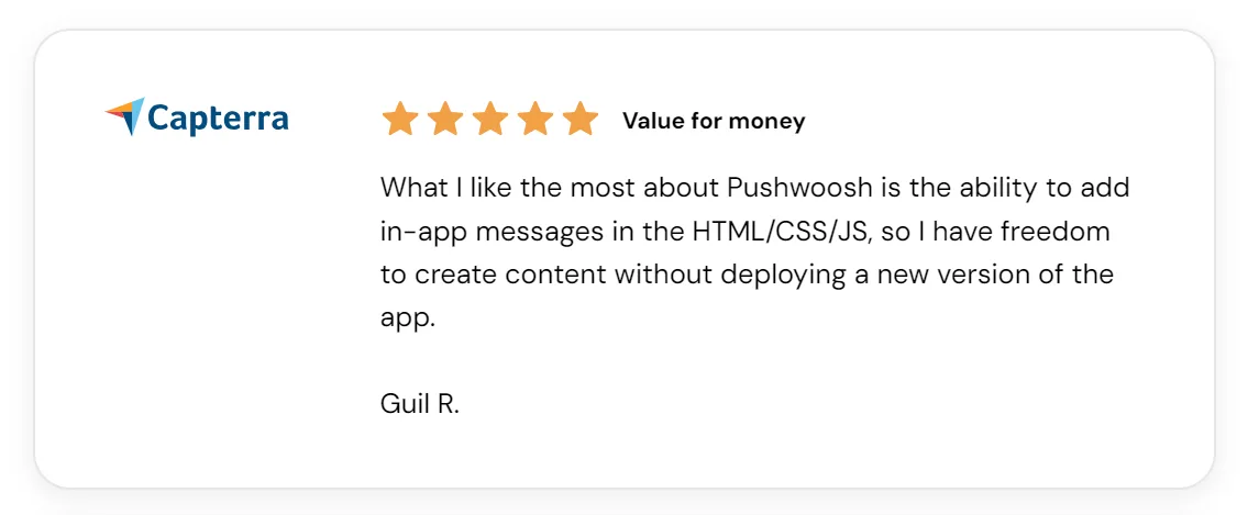 Testimonial about Pushwoosh HTML in-app editor on Capterra