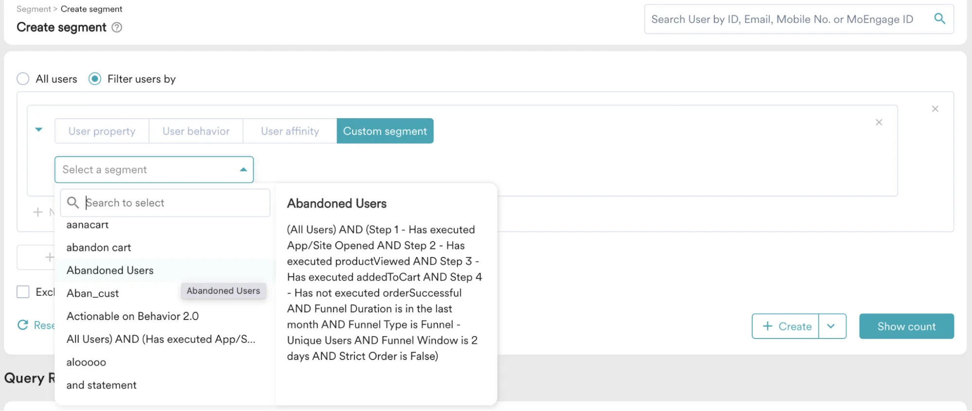 Creación de segmentos MoEngage