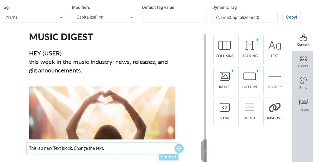 Creador de contenido de email de arrastrar y soltar de Pushwoosh