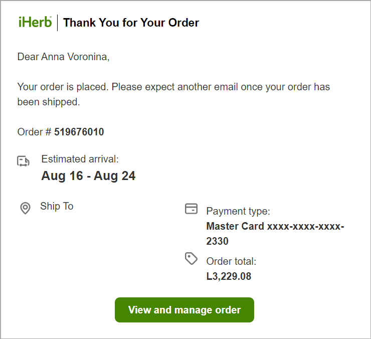 iHerb order transactional email example