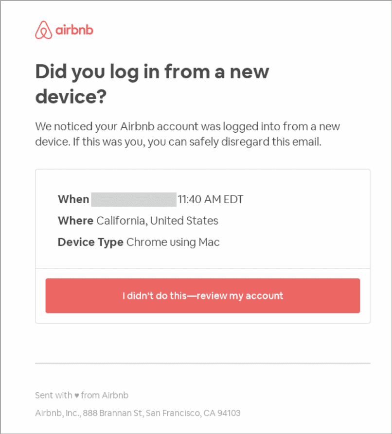 Airbnb security alert email - best transactional emails