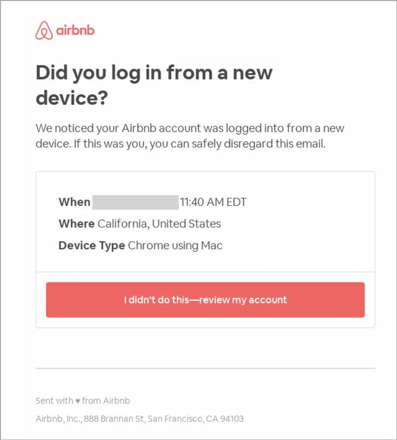 email de alerta de seguridad de Airbnb - mejores emails transaccionales