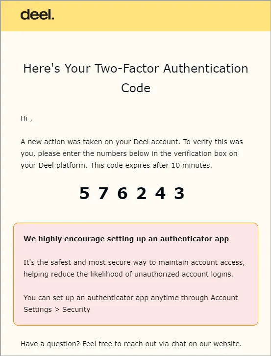 email 2FA de Deel - emails transaccionales