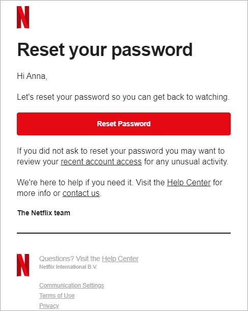 restablecimiento de contraseña de Netflix - ejemplos de emails transaccionales