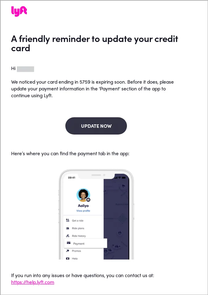 email de actualización de facturación de Lyft