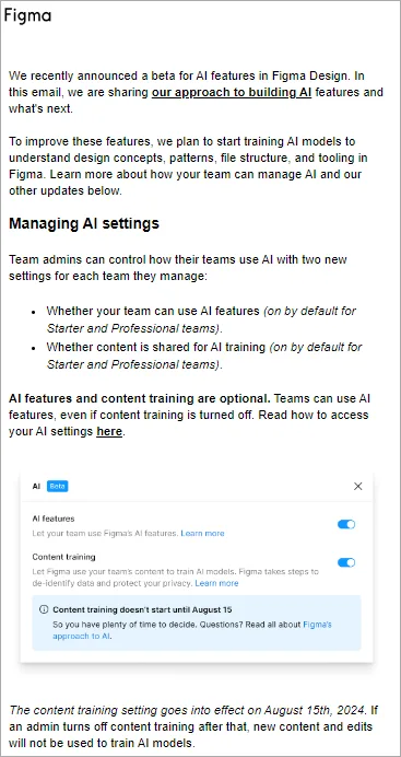 email de cambios en los términos de IA de Figma - email transaccional