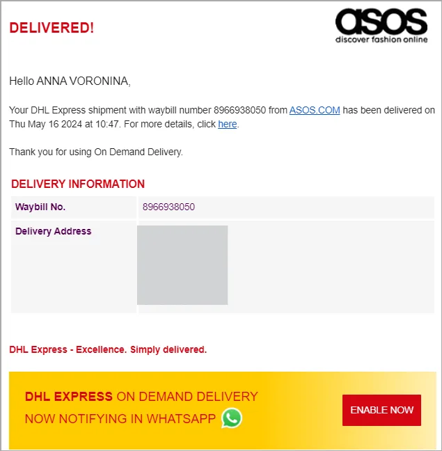 emails transaccionales de entrega de DHL