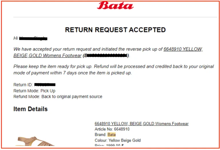 Bata return confirmation transactional email example