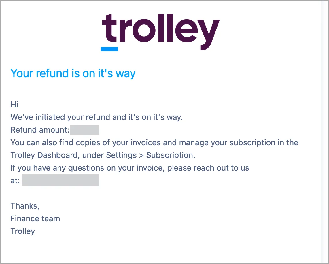 email de confirmación de reembolso de Trolley