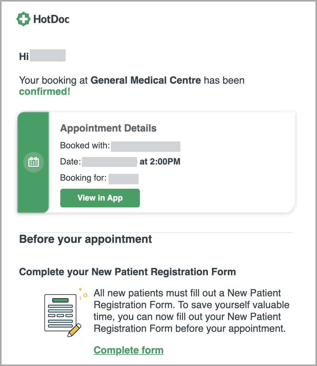 HotDoc appointment confirmation email - transactional email examples