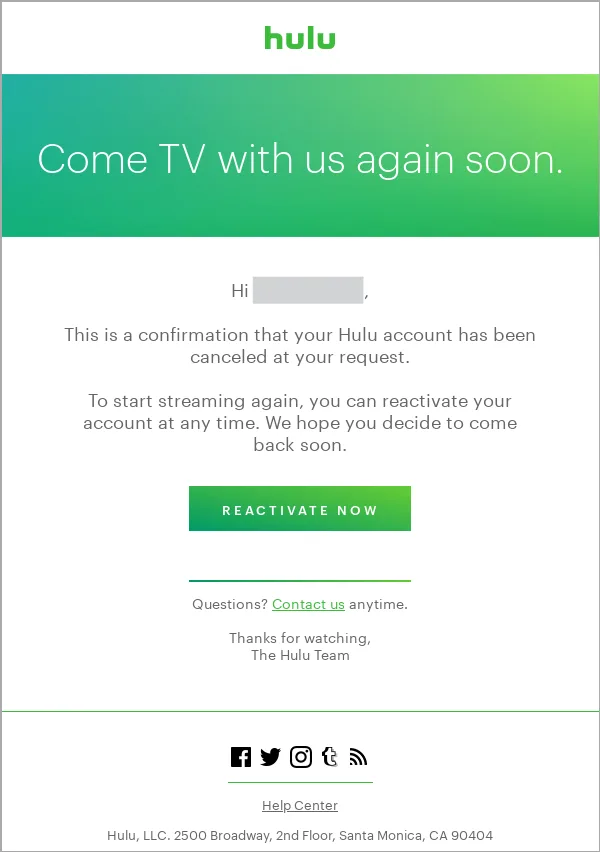 email de confirmación de cancelación de Hulu