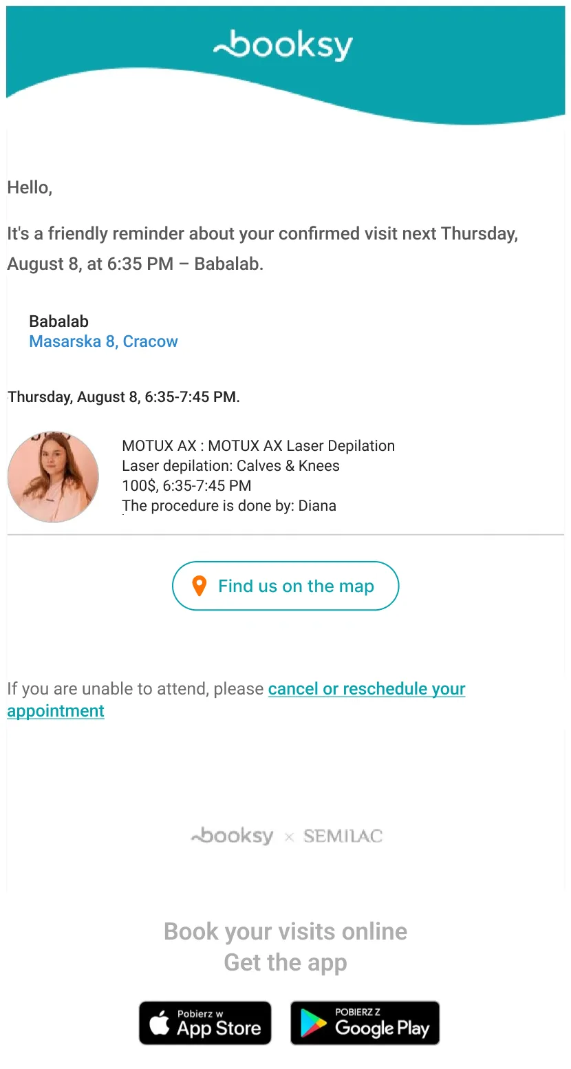 Appointment reminder transactional email example
