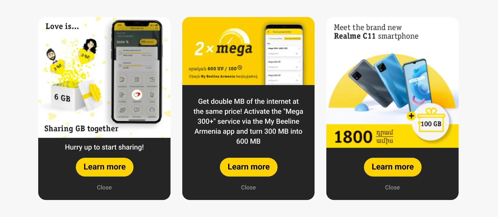 In-app messages promoting new products and services - Telecom Armenia