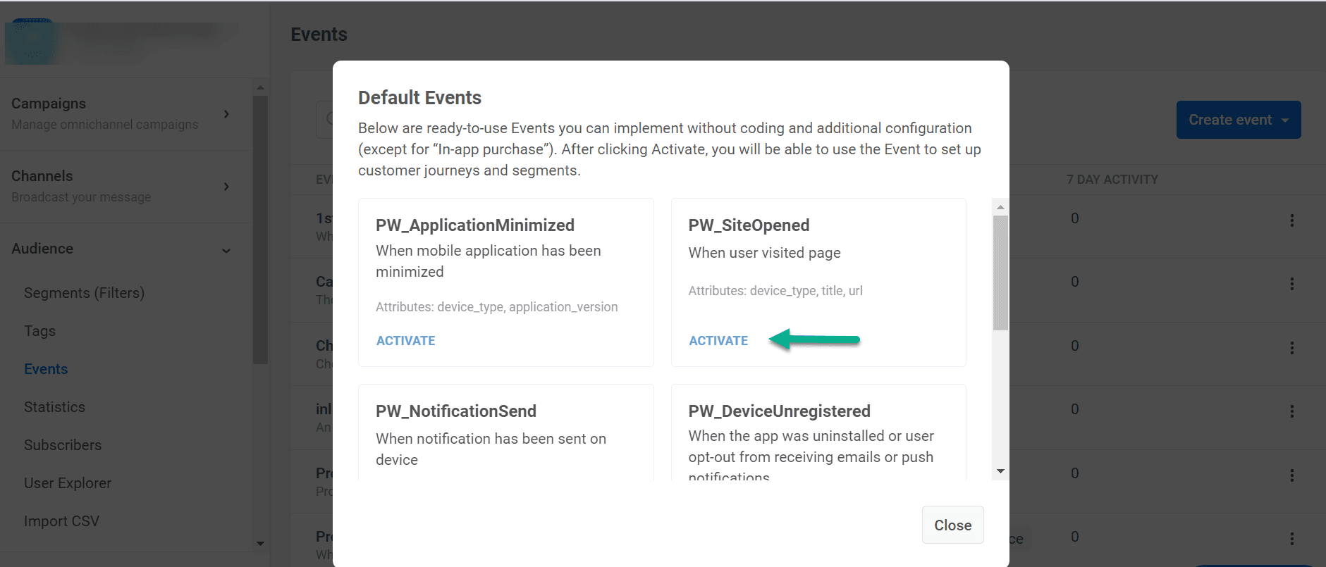 Pushwoosh default events setup