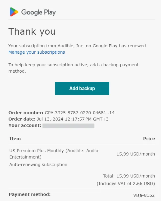email de renovación de suscripción de Google Play