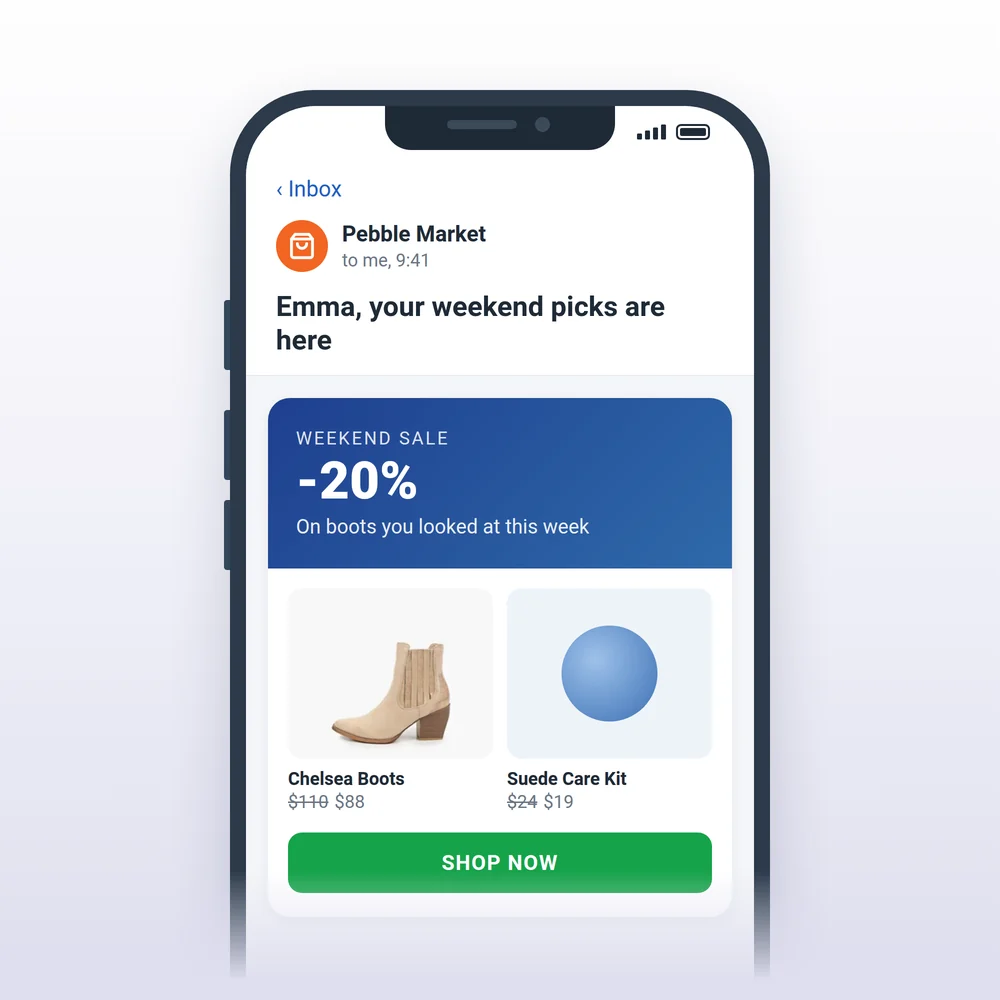 Weekend sale email from an online store with discounted products on a phone