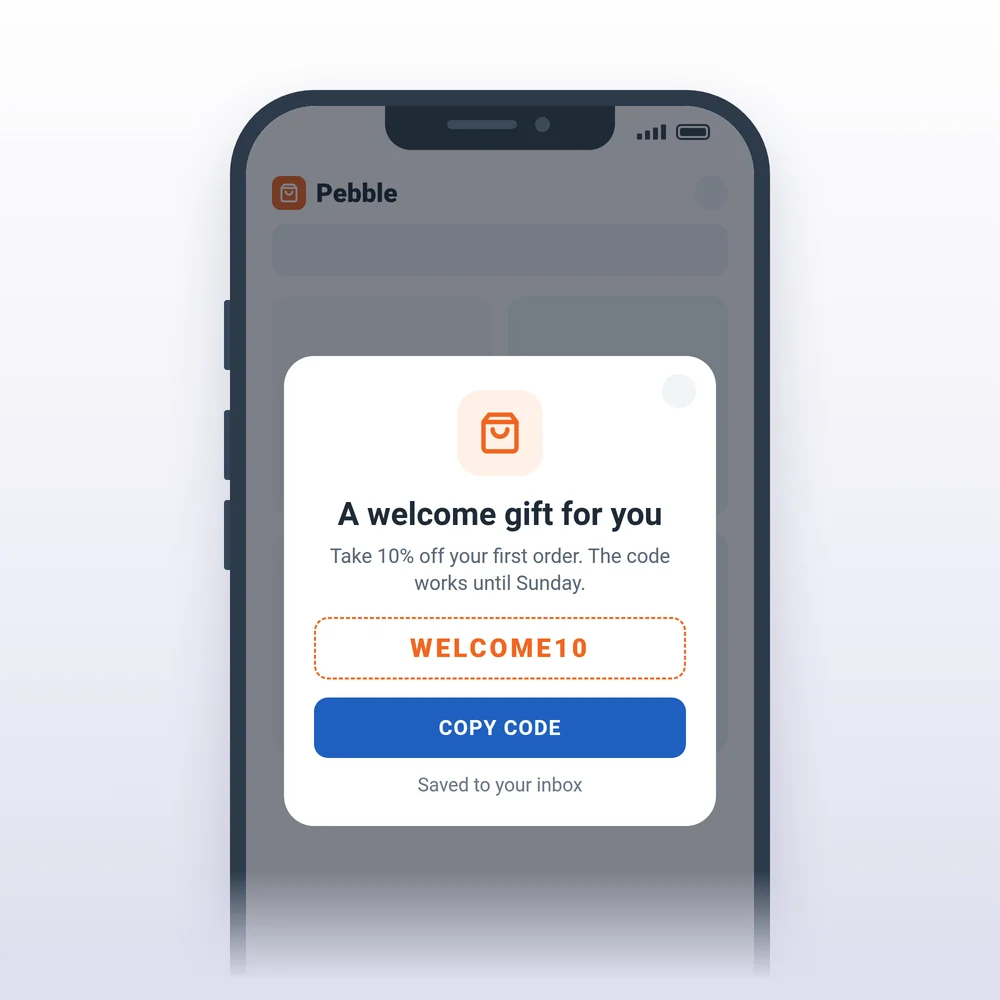 In-app message with a welcome coupon code inside an online store app