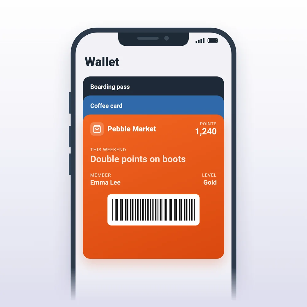 Store loyalty card with points and a weekend offer in a phone wallet